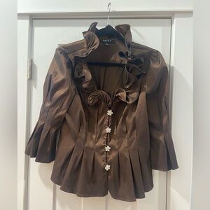 Chetta B Silver Ruffled Brown Satin Blouse w/ Rhinestone Flower Buttons Size 14
